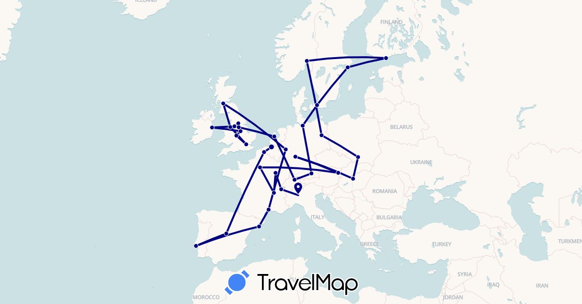 TravelMap itinerary: driving in Austria, Belgium, Switzerland, Germany, Denmark, Spain, Finland, France, United Kingdom, Hungary, Ireland, Italy, Netherlands, Norway, Poland, Portugal, Sweden (Europe)